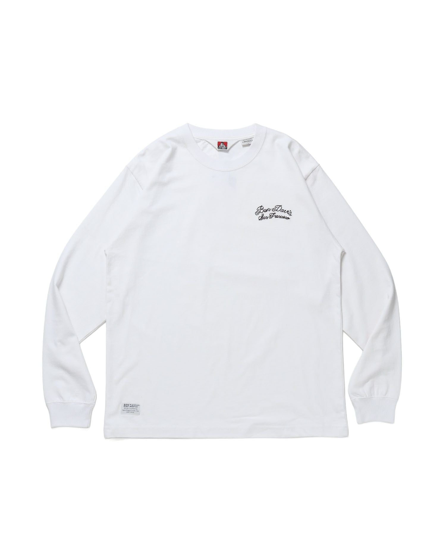 【BEN DAVIS(ベンデイビス)】SCRIPT VNTG L/S TEE (REG) / ロンT 長袖 刺繍 ビスネーム ヴィンテージ加工 レギュラーフィット ユニセックス ホワイト