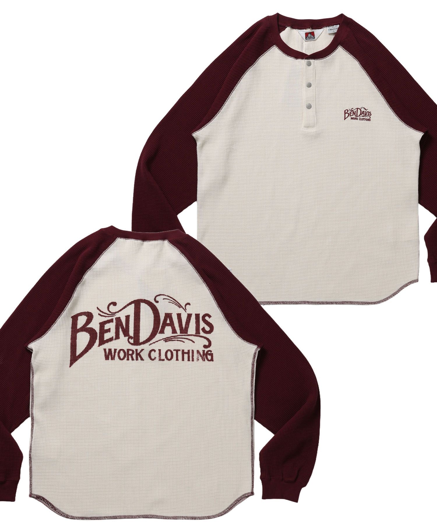 【BEN DAVIS(ベンデイビス)】BIG WAFFLE L/S HENLEY / ワッフル ラグラン ヘンリー ユニセックス 長袖 ロンT ワイン