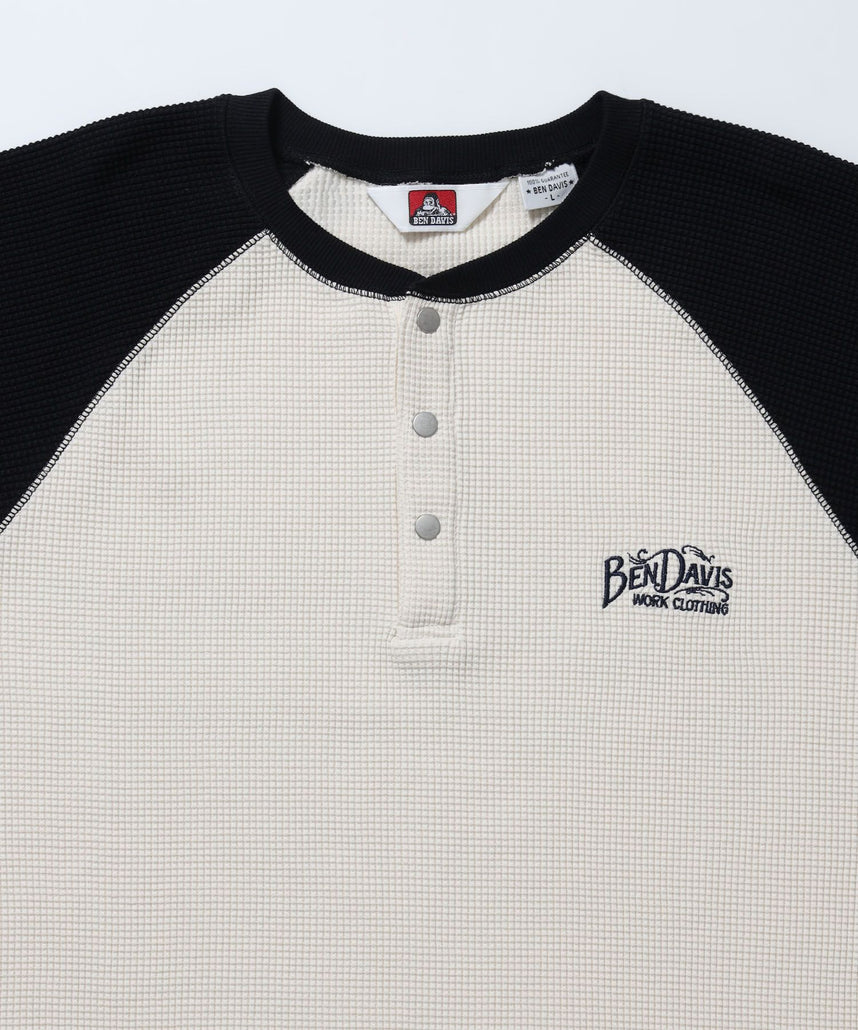 BIG WAFFLE L/S HENLEY / ワッフル ラグラン ヘンリー ユニセックス 長袖 ロンT ブラック