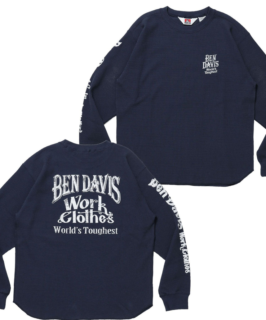 【BEN DAVIS(ベンデイビス)】BIG WAFFLE GRAPHIC CREW / ワッフル グラフィック クルー ロンT ユニセックス 長袖 ネイビー