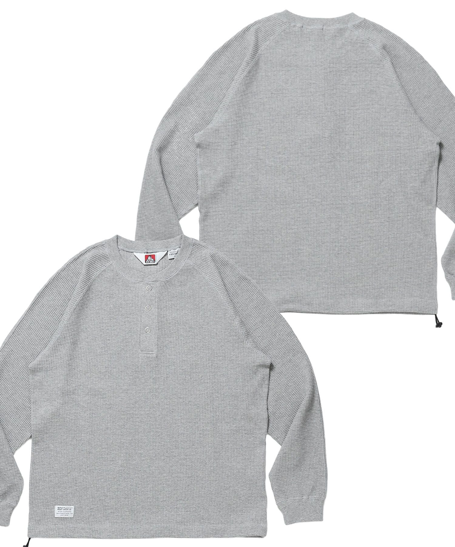 【BEN DAVIS(ベンデイビス)】BIG WAFFLE HENLEY WIDE P/O / ワッフル ヘンリー ネック ワイドシルエット ロンT ユニセックス 長袖 ライトグレー