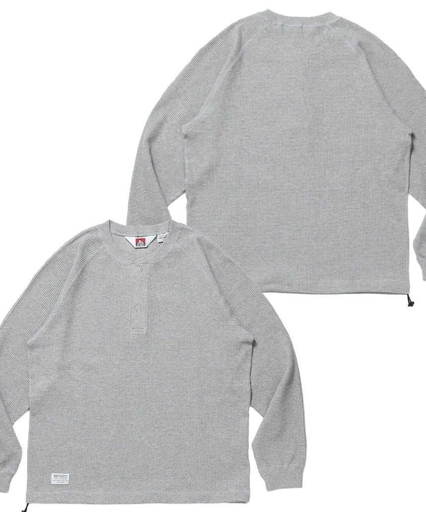 【BEN DAVIS(ベンデイビス)】BIG WAFFLE HENLEY WIDE P/O / ワッフル ヘンリー ネック ワイドシルエット ロンT ユニセックス 長袖 ライトグレー
