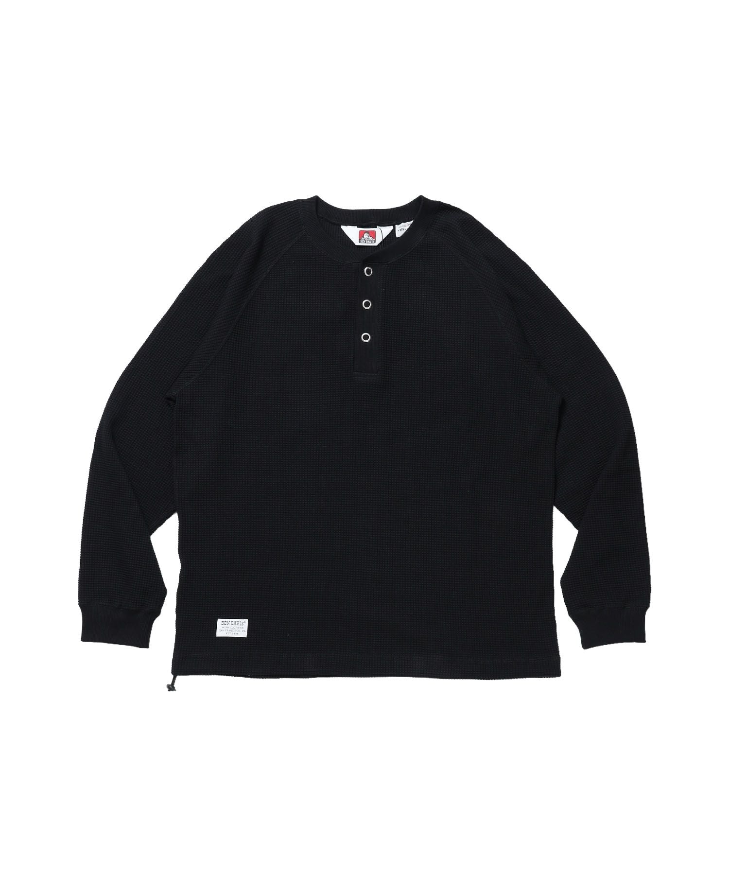 【BEN DAVIS(ベンデイビス)】BIG WAFFLE HENLEY WIDE P/O / ワッフル ヘンリー ネック ワイドシルエット ロンT ユニセックス 長袖 ブラック