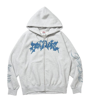 SPIKY LOGO ZIP HOODIE / ジップフーディ ツイルワッペン 刺繍 フロントロゴ 裏起毛 ストリート カジュアル ユニセックス グレー