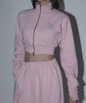 sqnz glitter zip top / グリッターダブルジップ ジップスウェット 裏起毛 ラインストーン 【セットアップ着用可能】 ライトピンク