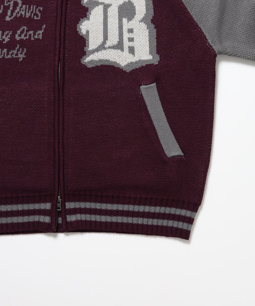 BALLPARK KNIT JACKET / ニット ジャケット ジャケード 刺繍 スタジャン スタジアムジャンパー ユニセックス 秋冬 ワイン