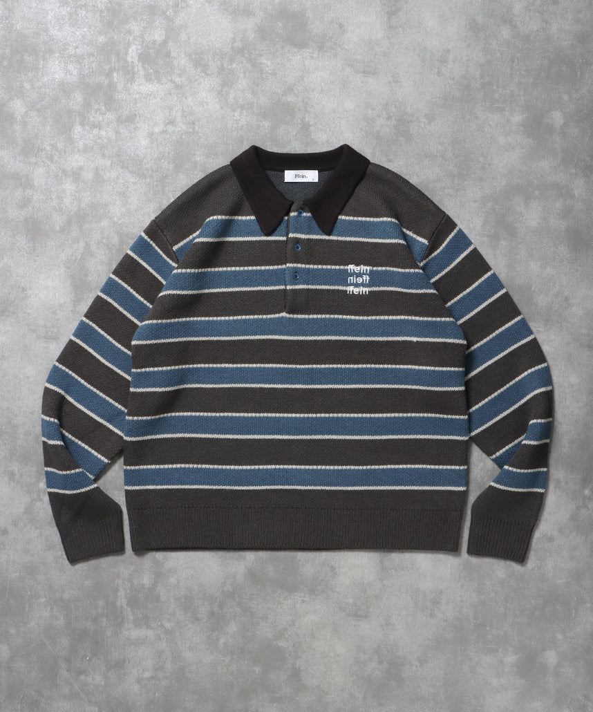 三段ロゴアソート襟ポロニット / ポロシャツ ニット ボーダー 刺繍 ワンポイント B