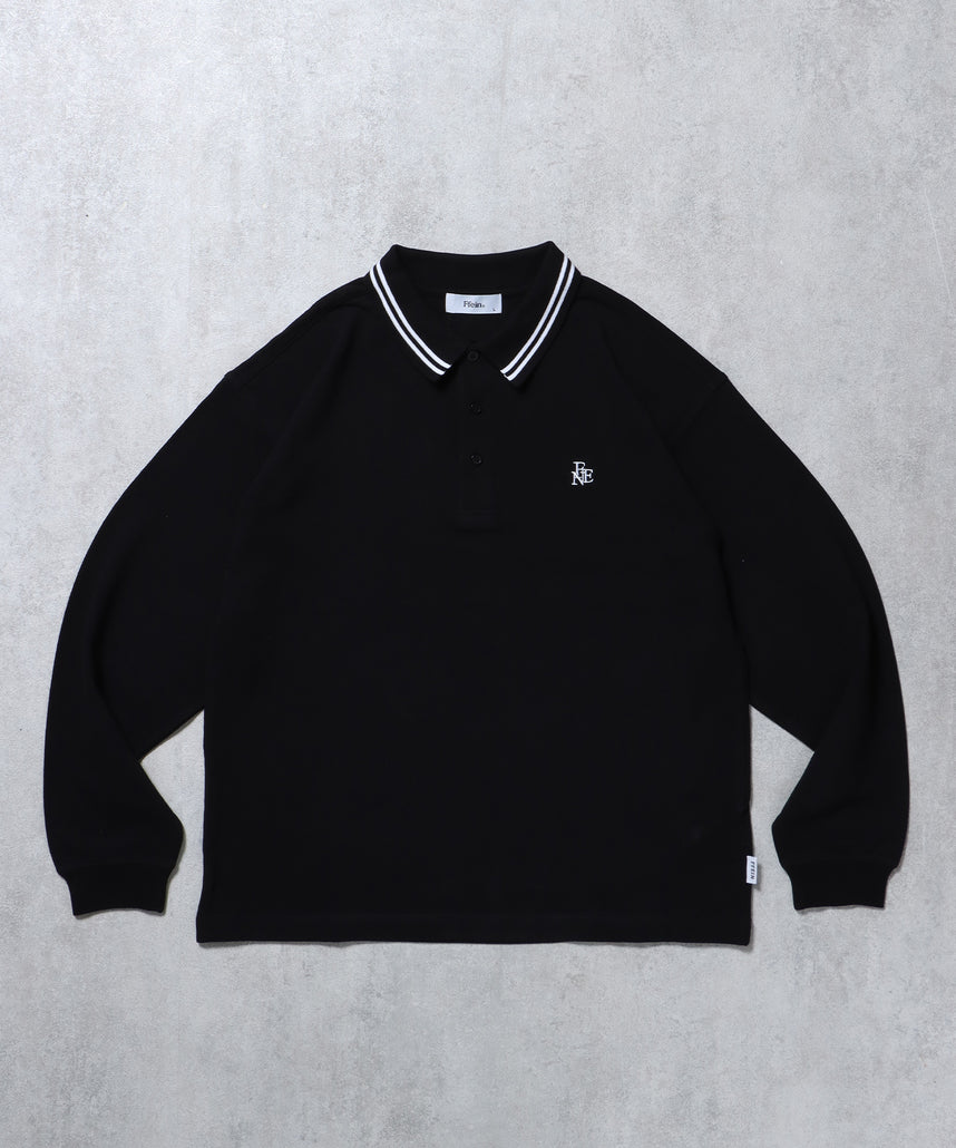 ラインリブロゴ刺繍ポロシャツ / ポロシャツ 鹿の子 Tシャツ 長袖 ワンポイント ブラック