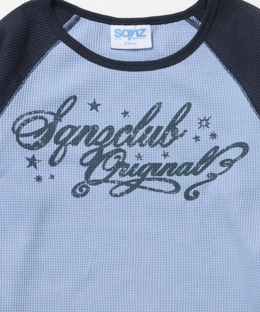 sqnz angel thermal / ロンT クルーネック ラグラン サーマル ワッフル 長袖 プリント ネイビー