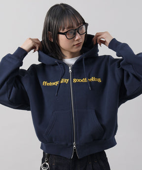 センター3D刺繍立体フードショート丈ZIPパーカー / レディース パーカー 裏起毛 ヘビーウエイト フーディ ダブルジップ 【短丈】 ネイビー