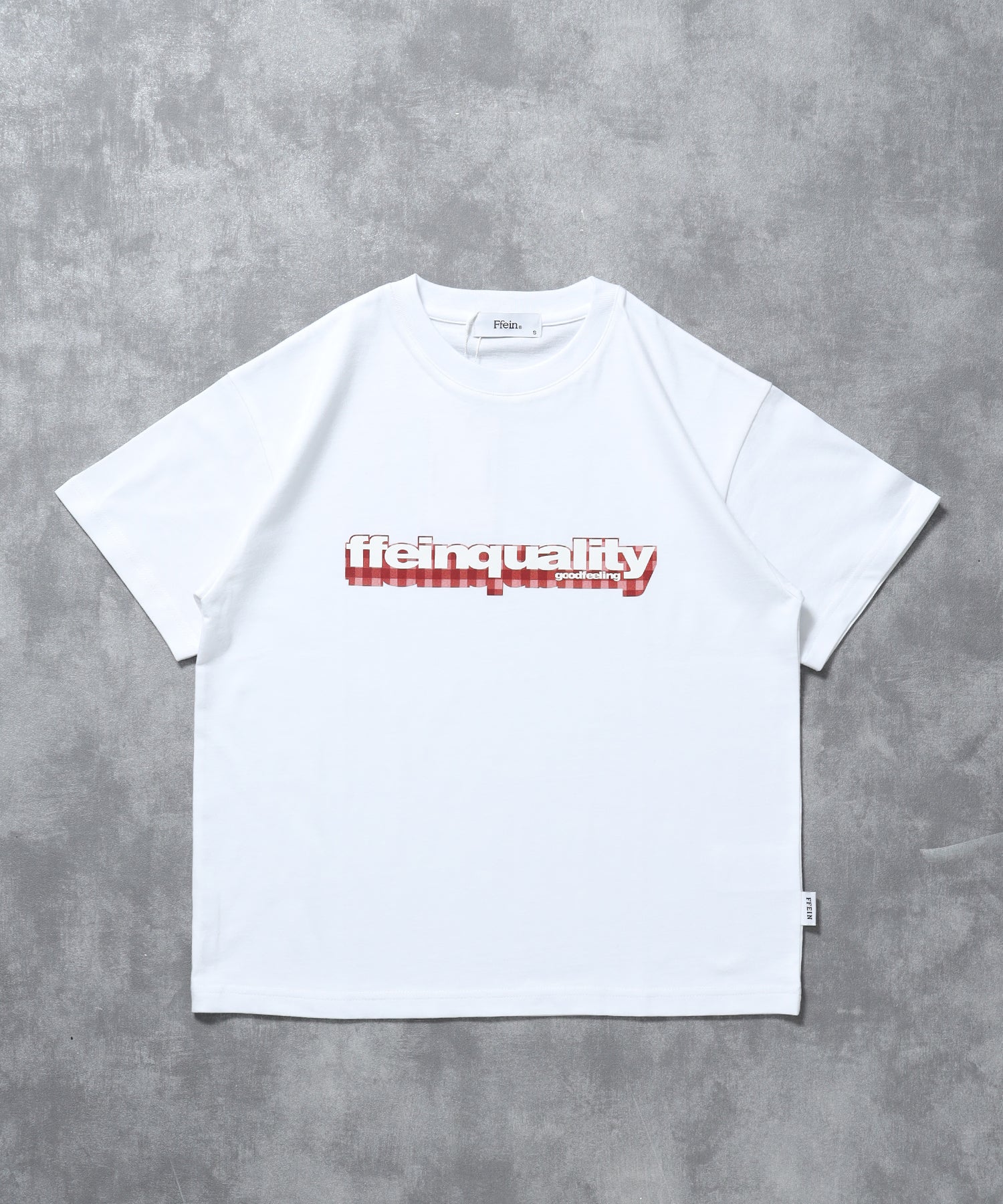 立体チェックプリントロゴショート丈Tシャツ/ クルーネック 半袖 刺繍 【短丈】 ホワイト