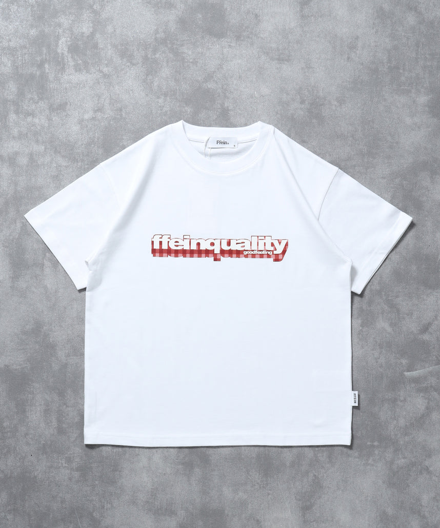 立体チェックプリントロゴショート丈Tシャツ/ クルーネック 半袖 刺繍 【短丈】 ホワイト