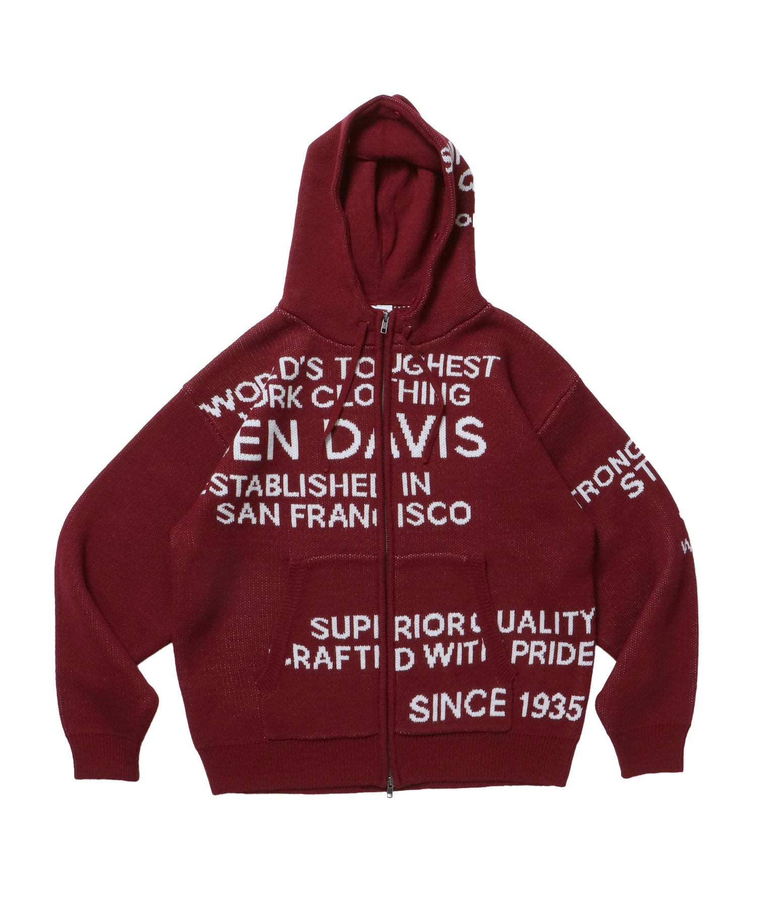 FAUX FUR TRIM KNIT JACKET / オーバーサイズ ニット ファー ジップパーカー フーディ ダブルジップ バーガンディー