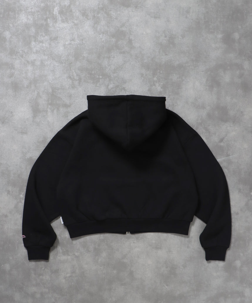 センター3D刺繍立体フードショート丈ZIPパーカー / レディース パーカー 裏起毛 ヘビーウエイト フーディ ダブルジップ 【短丈】 ブラック