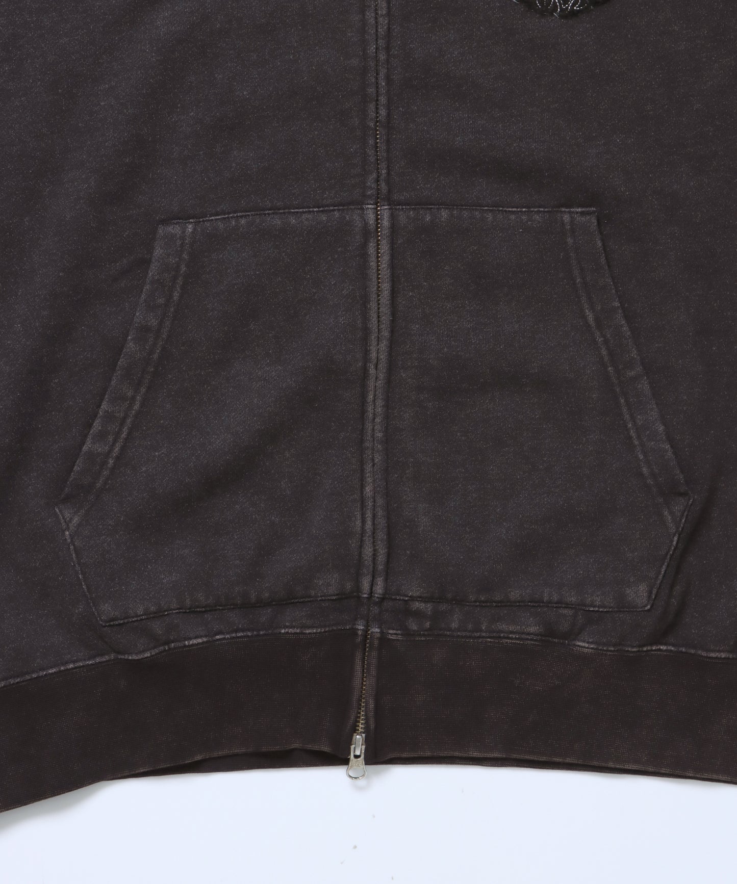 PATCHING BLEACH ZIP HOODIE / 加工 ジップパーカー ワッペン フーディ 裏起毛 ブラック