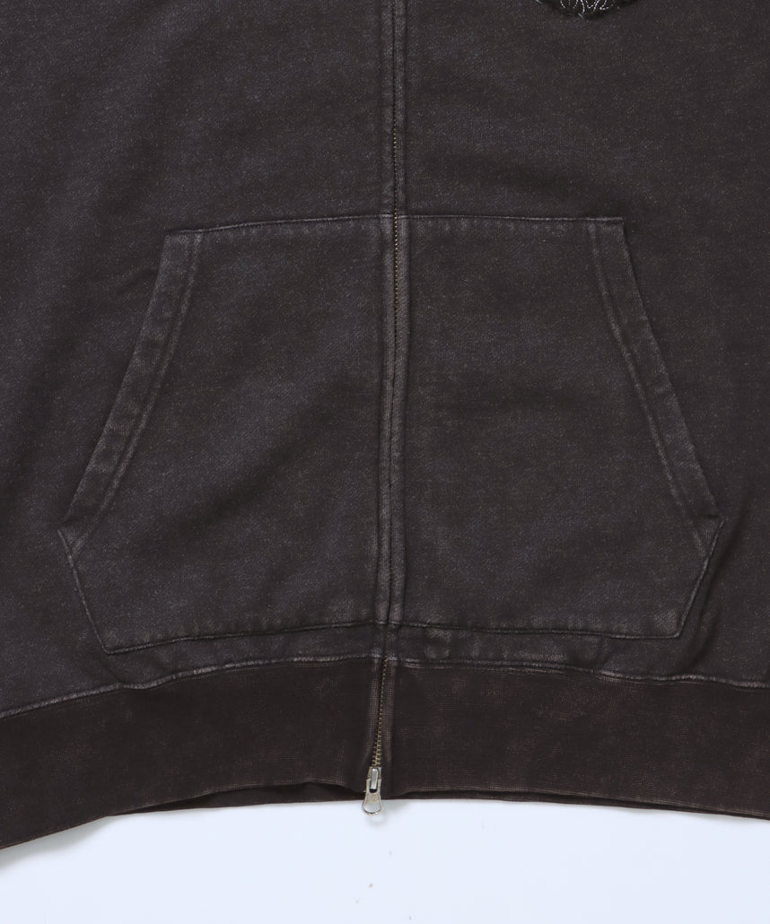 PATCHING BLEACH ZIP HOODIE / 加工 ジップパーカー ワッペン フーディ 裏起毛 ブラック