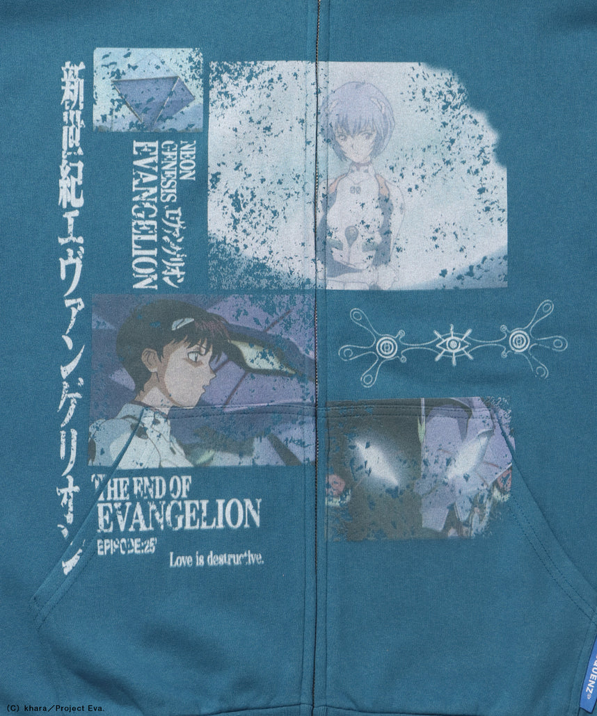 EVA BEST SCENE ZIP PK / オーバーサイズ ビッグシルエット ジップパーカー 刺繍 プリント フーディ 裏起毛 ユニセックス グリーン