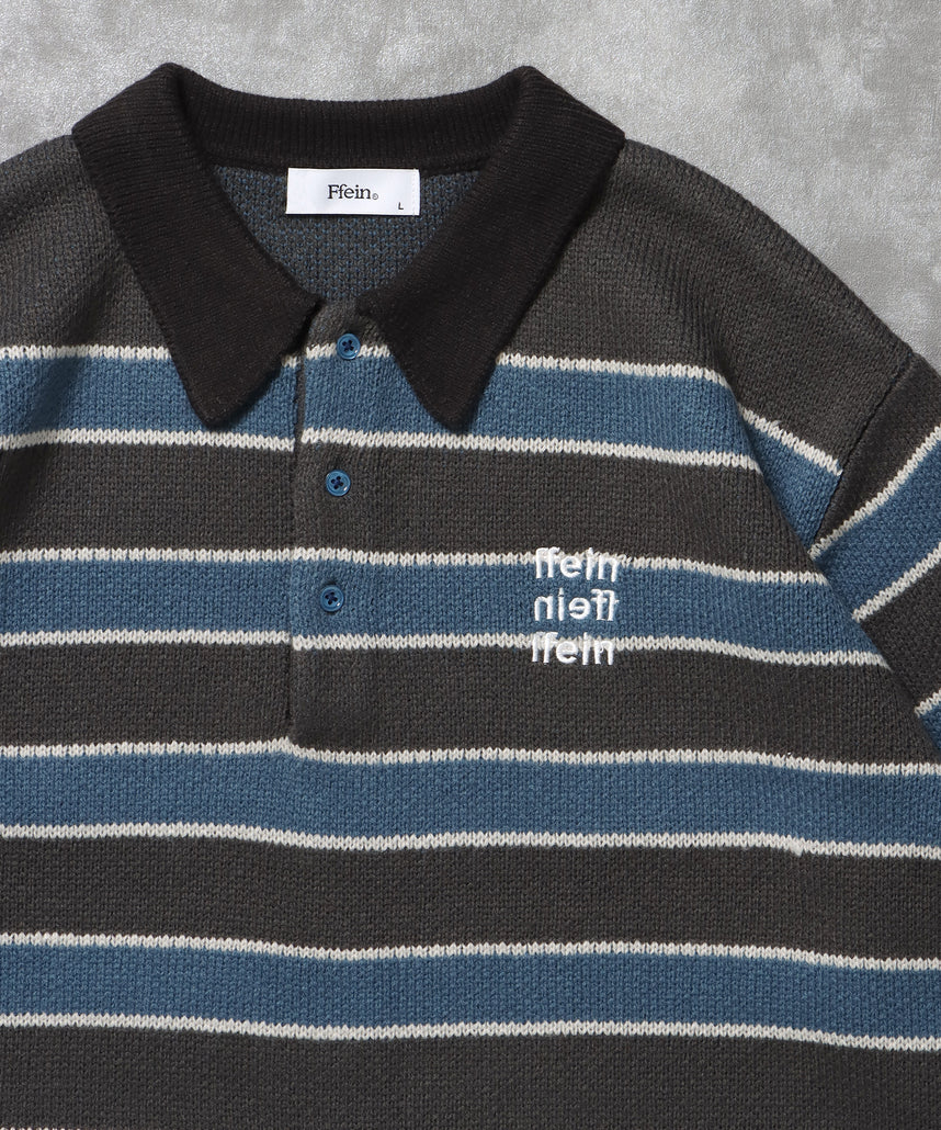 三段ロゴアソート襟ポロニット / ポロシャツ ニット ボーダー 刺繍 ワンポイント B