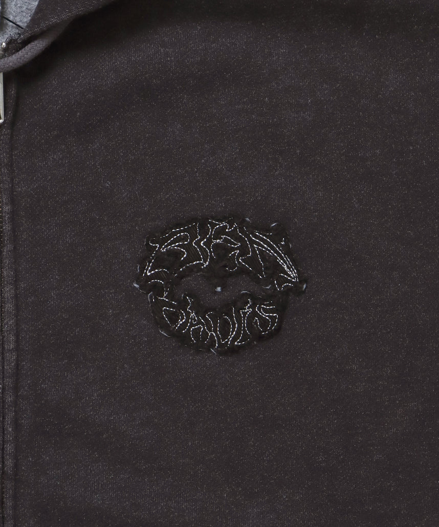 PATCHING BLEACH ZIP HOODIE / 加工 ジップパーカー ワッペン フーディ 裏起毛 ブラック