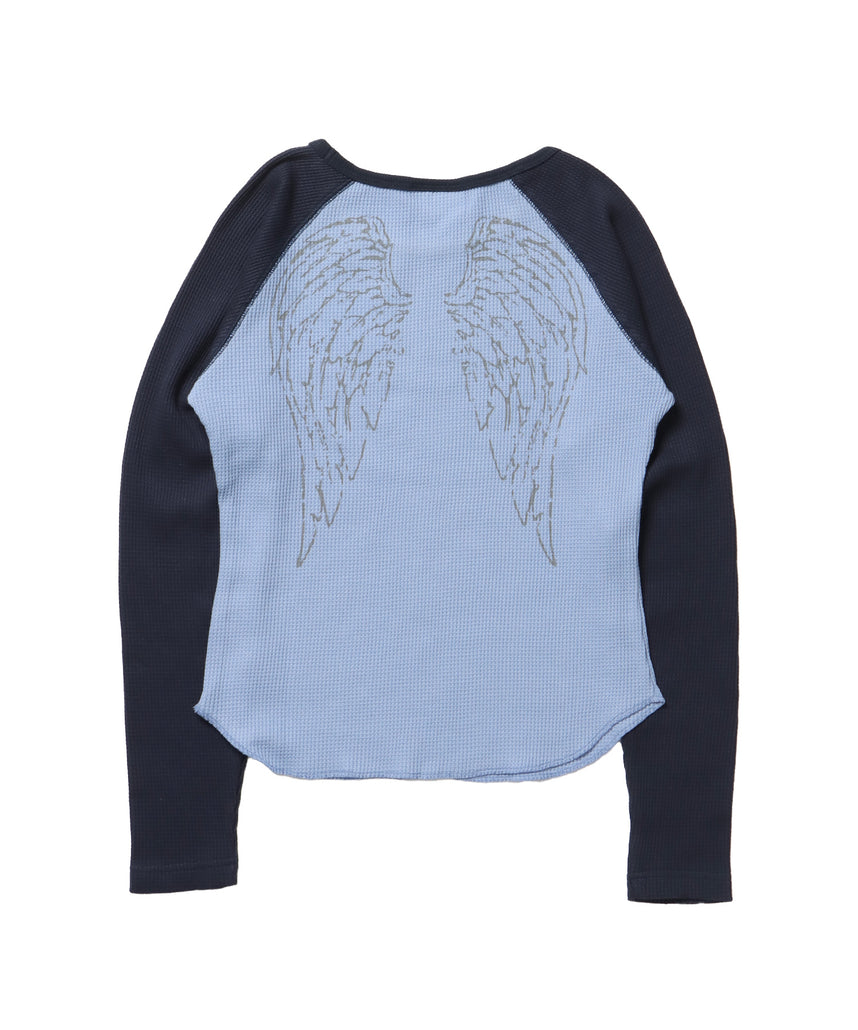 sqnz angel thermal / ロンT クルーネック ラグラン サーマル ワッフル 長袖 プリント ネイビー