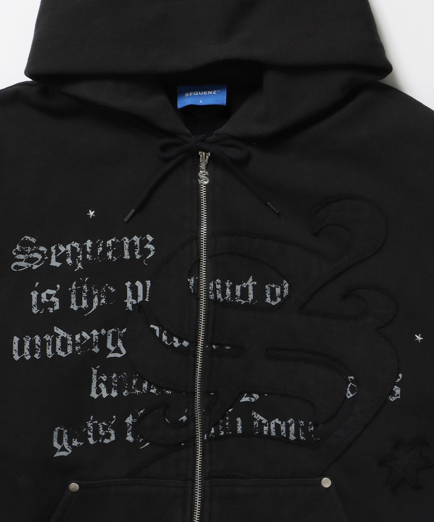 SQNZ ZIP P/K / ジップパーカー 裏起毛 フーディ スタッズ 加工 ワッペン プリント ブラック