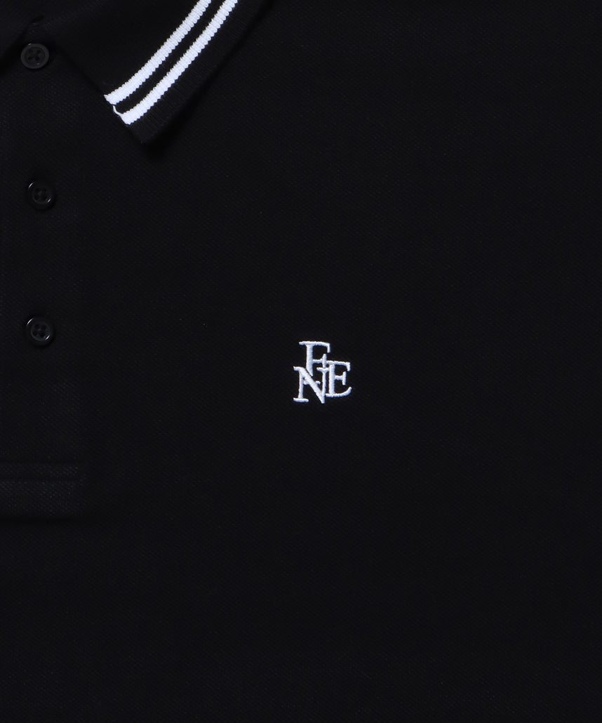 ラインリブロゴ刺繍ポロシャツ / ポロシャツ 鹿の子 Tシャツ 長袖 ワンポイント ブラック