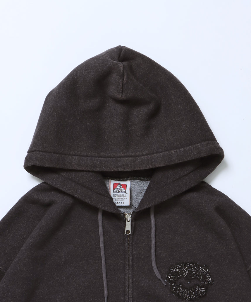 PATCHING BLEACH ZIP HOODIE / 加工 ジップパーカー ワッペン フーディ 裏起毛 ブラック