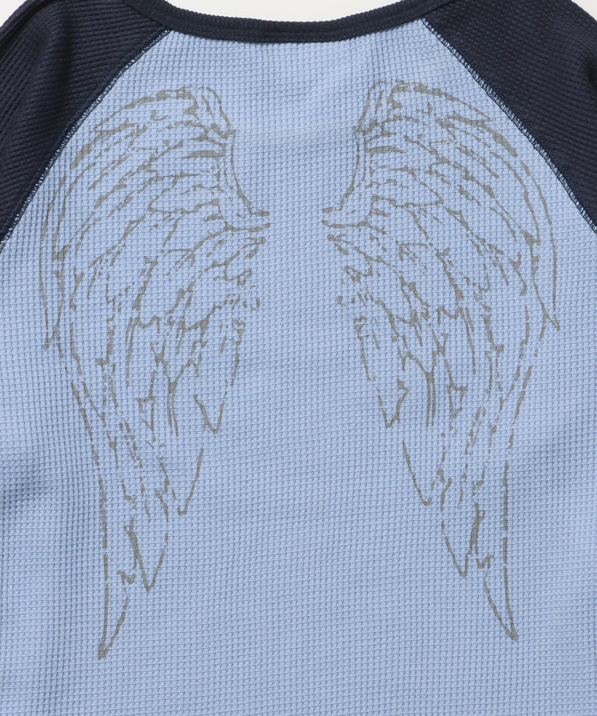 sqnz angel thermal / ロンT クルーネック ラグラン サーマル ワッフル 長袖 プリント ネイビー