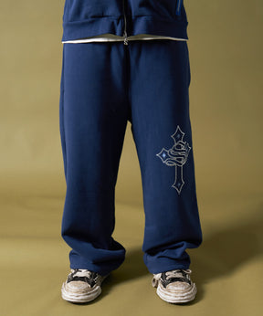 CROSS RHINE STONE SWEAT PANTS / ラインストーン クロス スウェットパンツ ドローコード 裏起毛 【セットアップ】 ダークネイビー