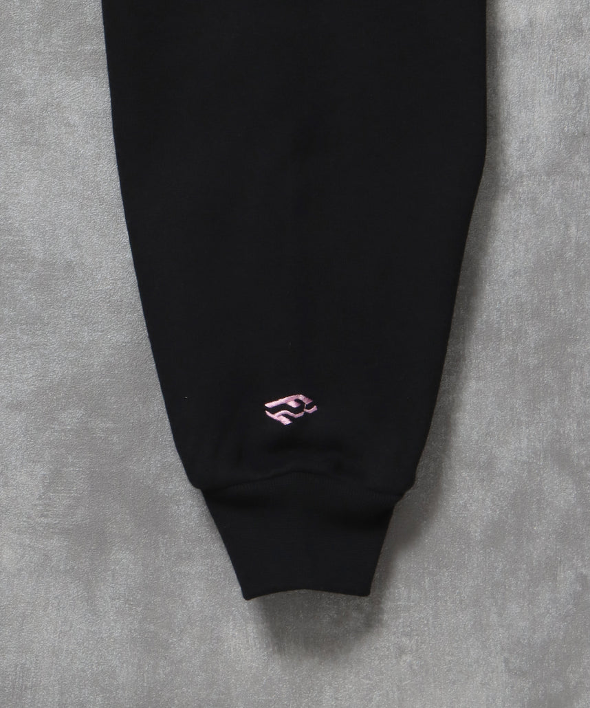 センター3D刺繍立体フードショート丈ZIPパーカー / レディース パーカー 裏起毛 ヘビーウエイト フーディ ダブルジップ 【短丈】 ブラック