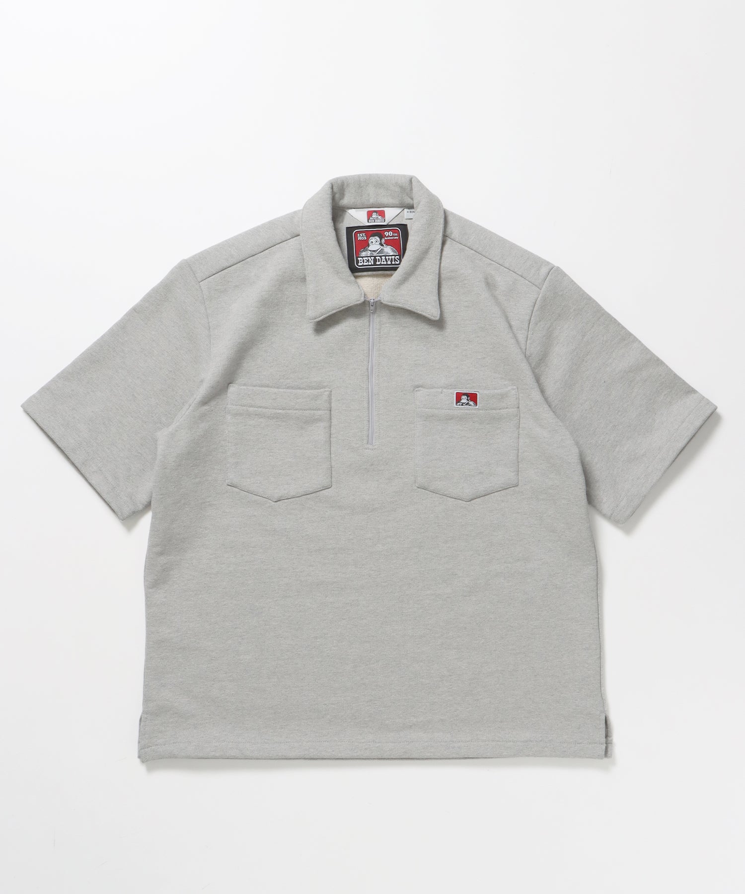 90TH H.SWEAT S/S 1/2 ZIP SHIRT / ヘビーウェイト 半袖 ハーフジップ 裏毛 ワンポイント ≪セットアップ対応≫ グレー
