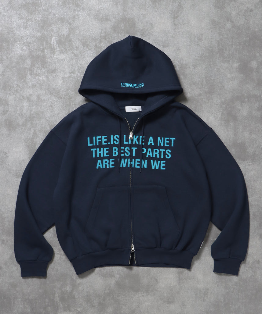 ヘビーウエイトぼかしロゴジップパーカー / パーカー 裏起毛 ジップ 刺繍 ロゴ フーディ ダブルジップ ネイビー