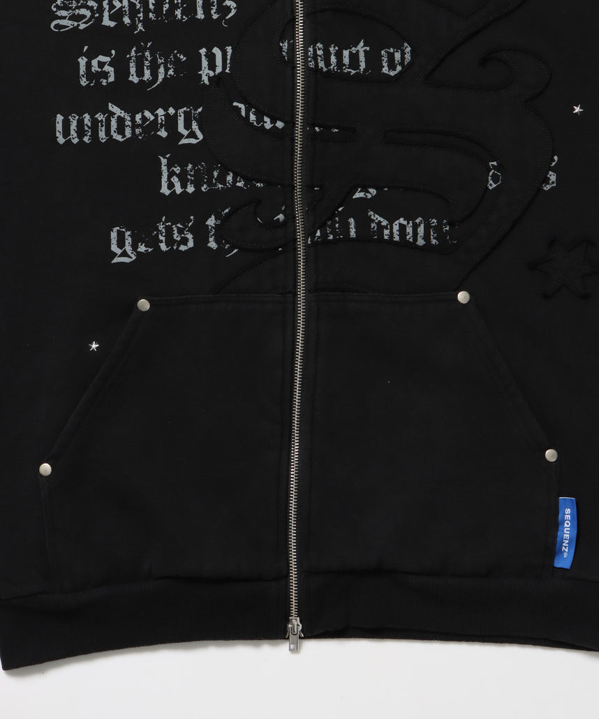 SQNZ ZIP P/K / ジップパーカー 裏起毛 フーディ スタッズ 加工 ワッペン プリント ブラック