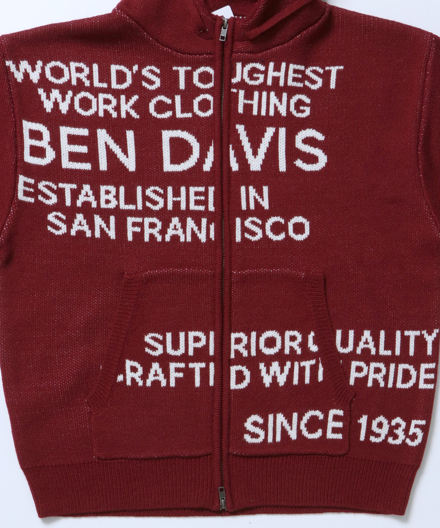 FAUX FUR TRIM KNIT JACKET / オーバーサイズ ニット ファー ジップパーカー フーディ ダブルジップ バーガンディー