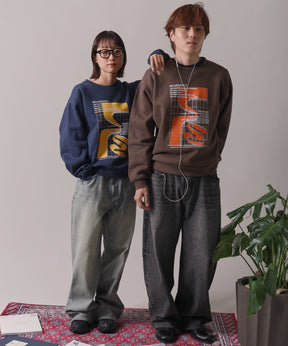 ヘビーウエイト線画アートスウェット / 裏起毛 スウェット アート クルーネック プリント ブラウン