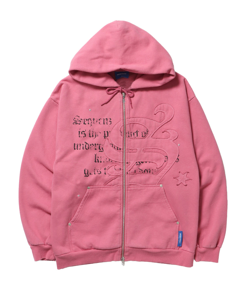 SQNZ ZIP P/K / ジップパーカー 裏起毛 フーディ スタッズ 加工 ワッペン プリント ピンク