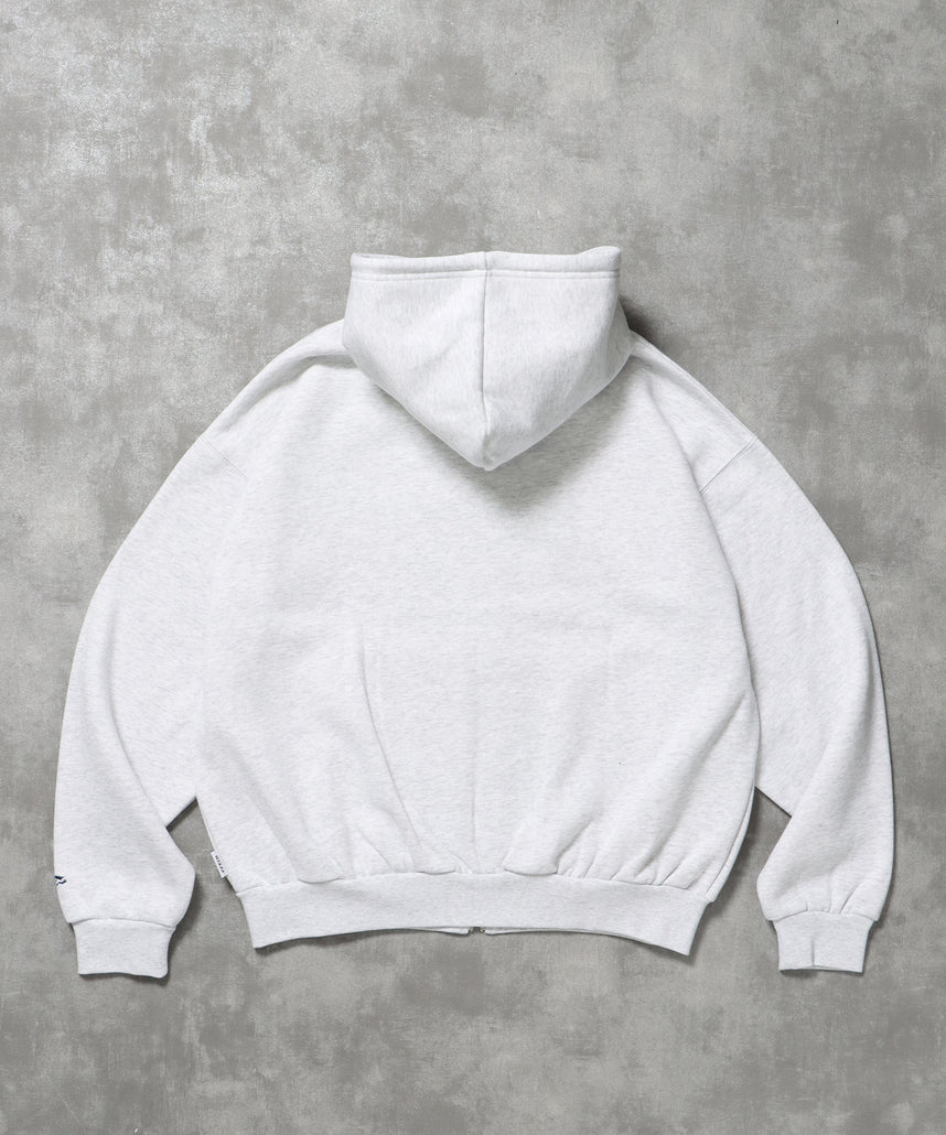 ヘビーウエイトセンターロゴ刺繍ZIPパーカー / パーカー 裏起毛 ジップ 刺繍 ロゴ フーディ バブルジップ アッシュグレー