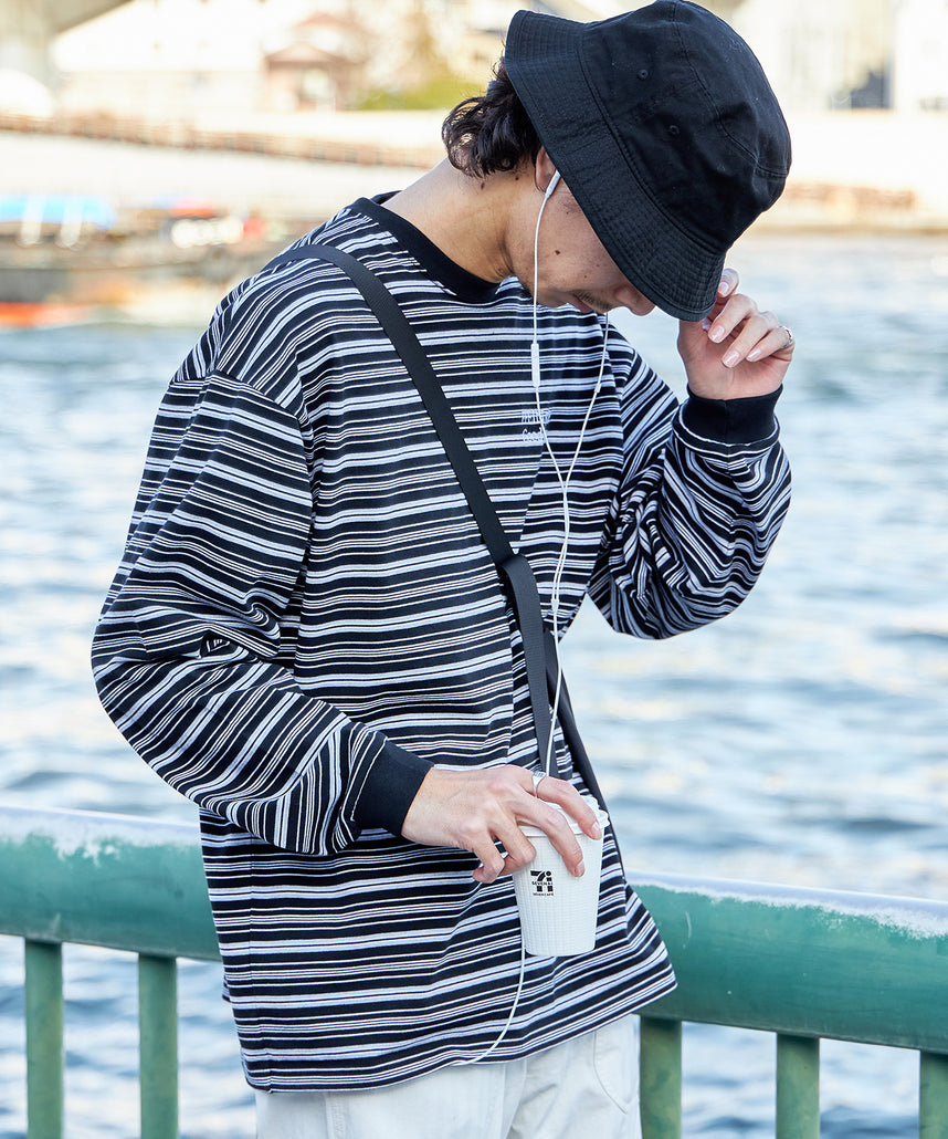 ロゴ刺繍マルチボーダーロングスリーブTシャツ ブラック