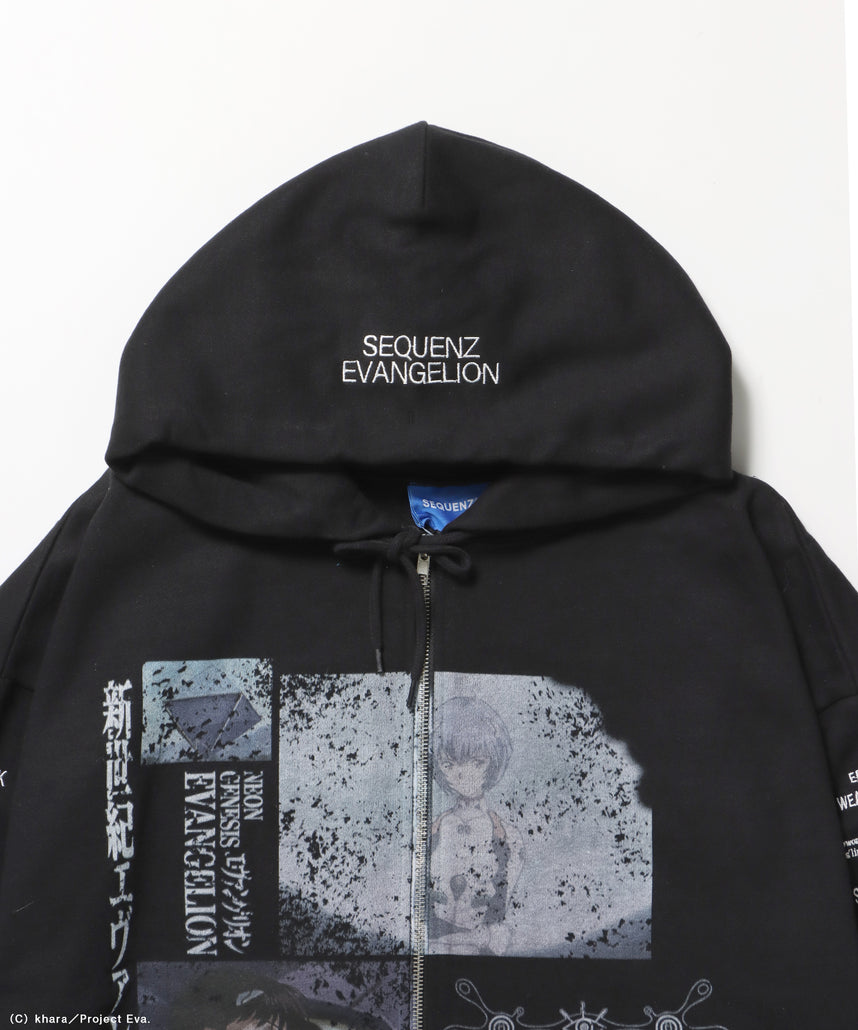 EVA BEST SCENE ZIP PK / オーバーサイズ ビッグシルエット ジップパーカー 刺繍 プリント フーディ 裏起毛 ユニセックス ブラック