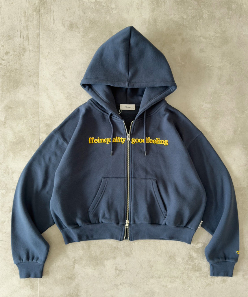 センター3D刺繍立体フードショート丈ZIPパーカー / レディース パーカー 裏起毛 ヘビーウエイト フーディ ダブルジップ 【短丈】 ネイビー