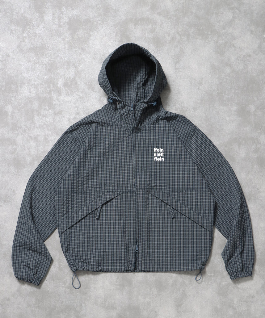 3段ロゴチェックマウンテンパーカー / ダブルジップ フーディ アウター ワンポイント ブルーグレー
