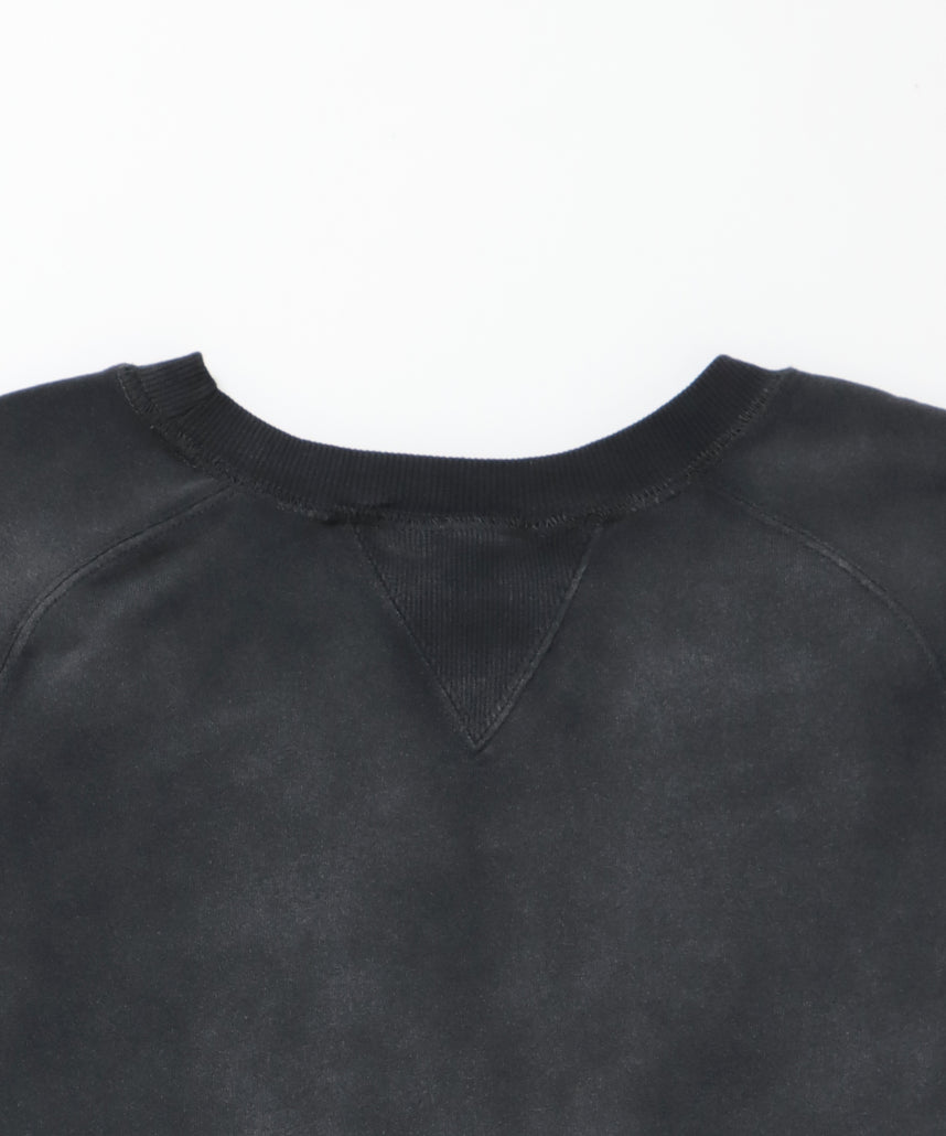 70'S FIT F-SLEEVE CREW / 加工 裏起毛 クルーネック スウェット ラグラン 短丈 裏毛 ブラック