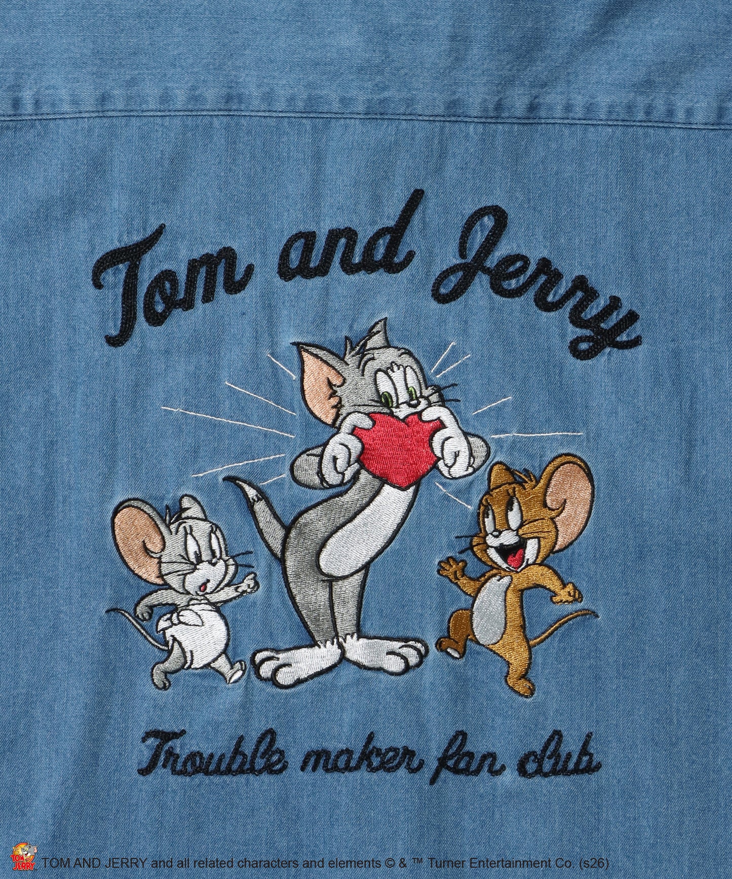 TJ EMB. DENIM SHIRTS / トムとジェリー シャツ オーバーサイズ 半袖 刺繍 ワンポイント プリント デニム ユニセックス 加工 サックスブルー