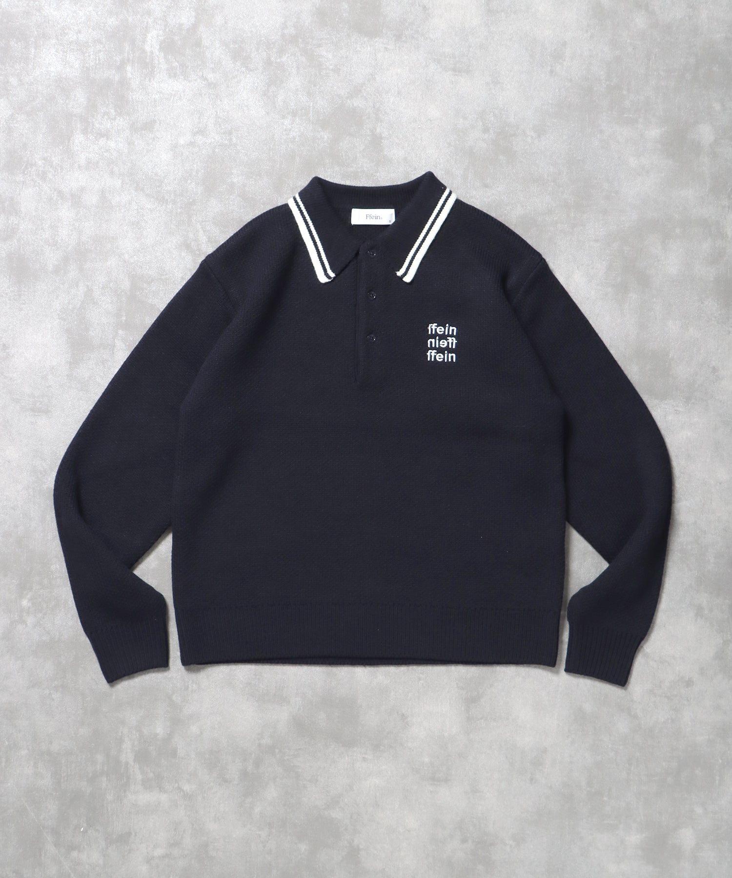 三段ロゴアソート襟ポロニット / ポロシャツ ニット ボーダー 刺繍 ワンポイント ネイビー