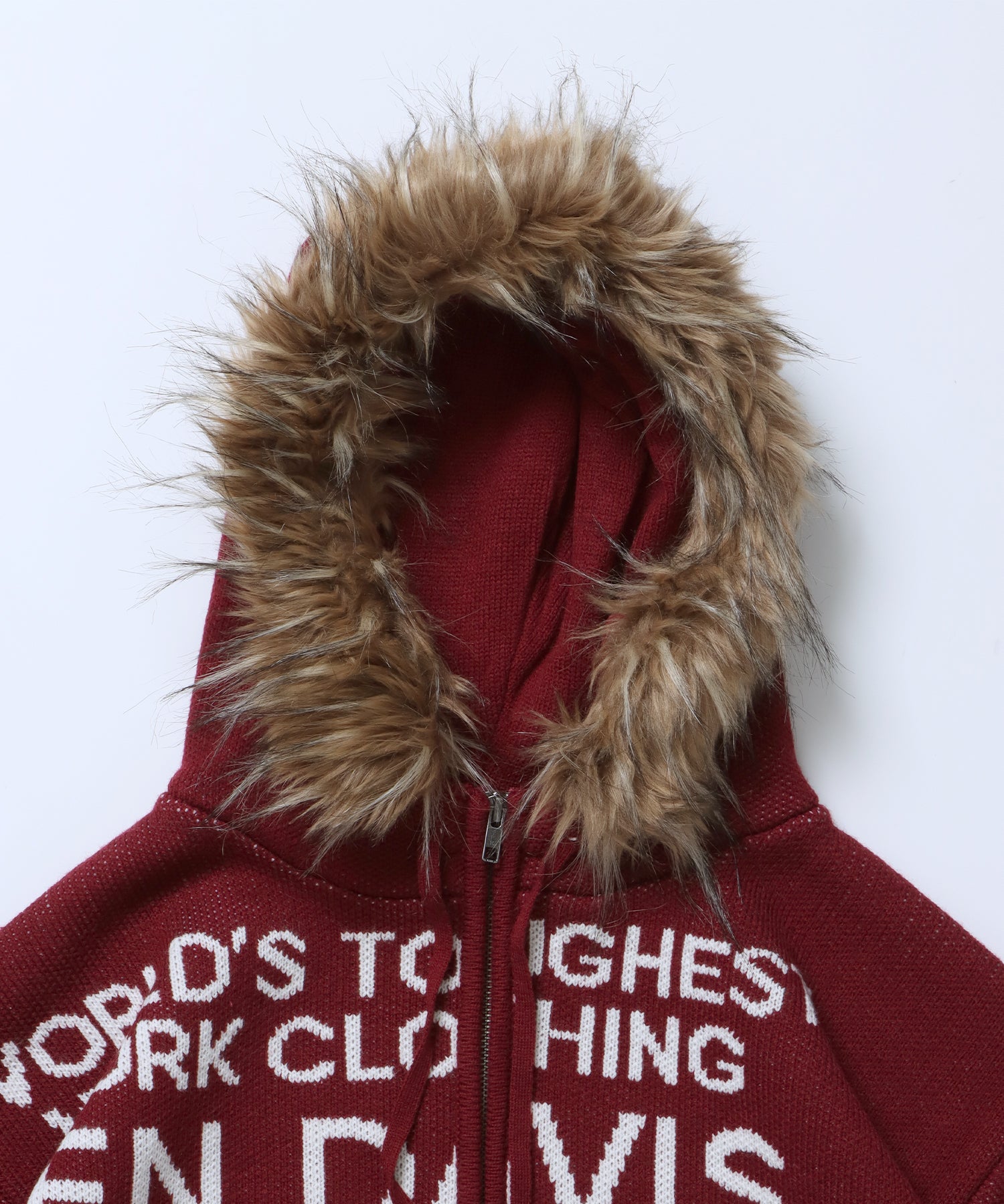 FAUX FUR TRIM KNIT JACKET / オーバーサイズ ニット ファー ジップパーカー フーディ ダブルジップ バーガンディー