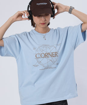 サークルアート線画プリントTシャツツ/ Tシャツ クルーネック 半袖 プリント サークルロゴ ライトブルー