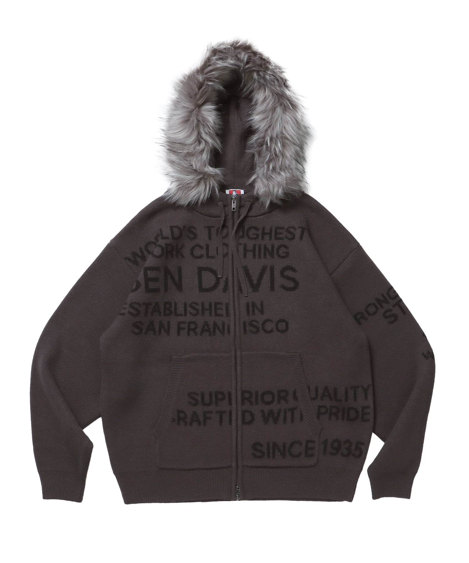 FAUX FUR TRIM KNIT JACKET / オーバーサイズ ニット ファー ジップパーカー フーディ ダブルジップ チャコール