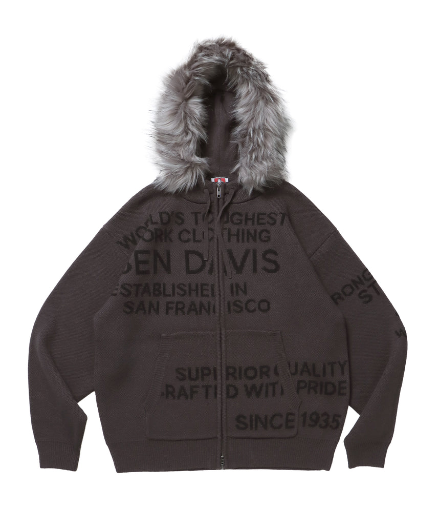 FAUX FUR TRIM KNIT JACKET / オーバーサイズ ニット ファー ジップパーカー フーディ ダブルジップ チャコール