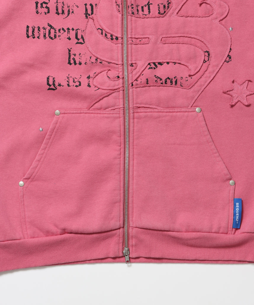 SQNZ ZIP P/K / ジップパーカー 裏起毛 フーディ スタッズ 加工 ワッペン プリント ピンク