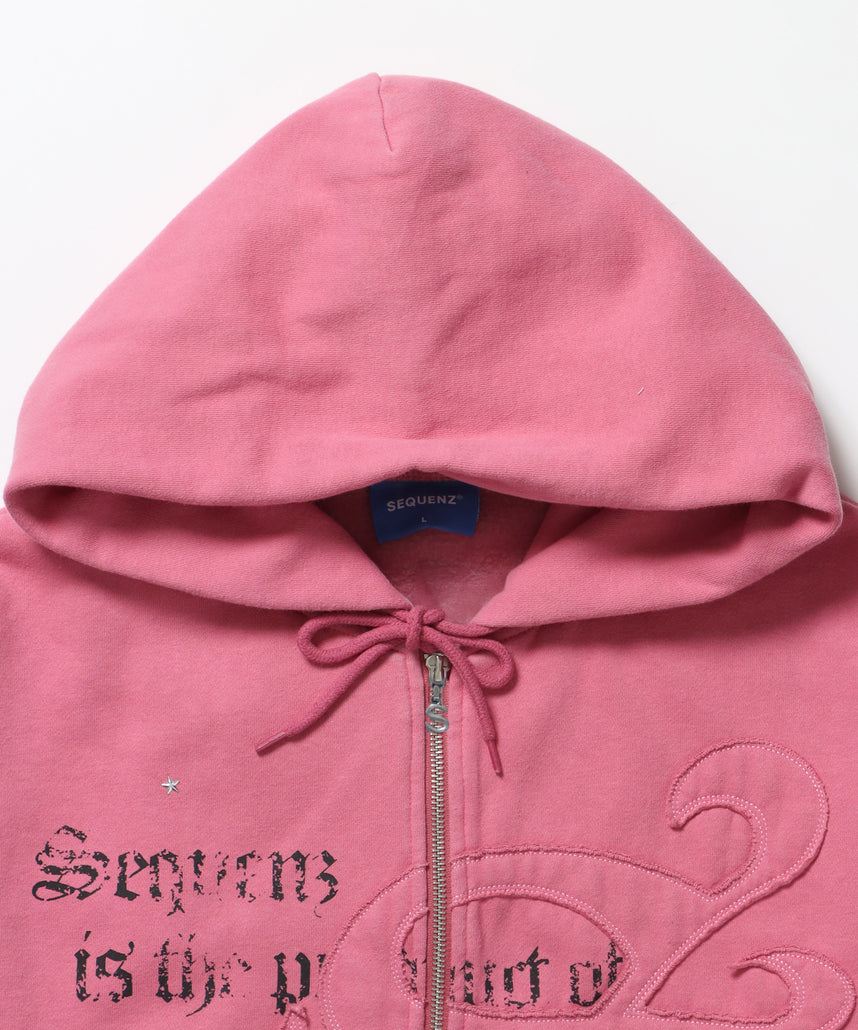 SQNZ ZIP P/K / ジップパーカー 裏起毛 フーディ スタッズ 加工 ワッペン プリント ピンク